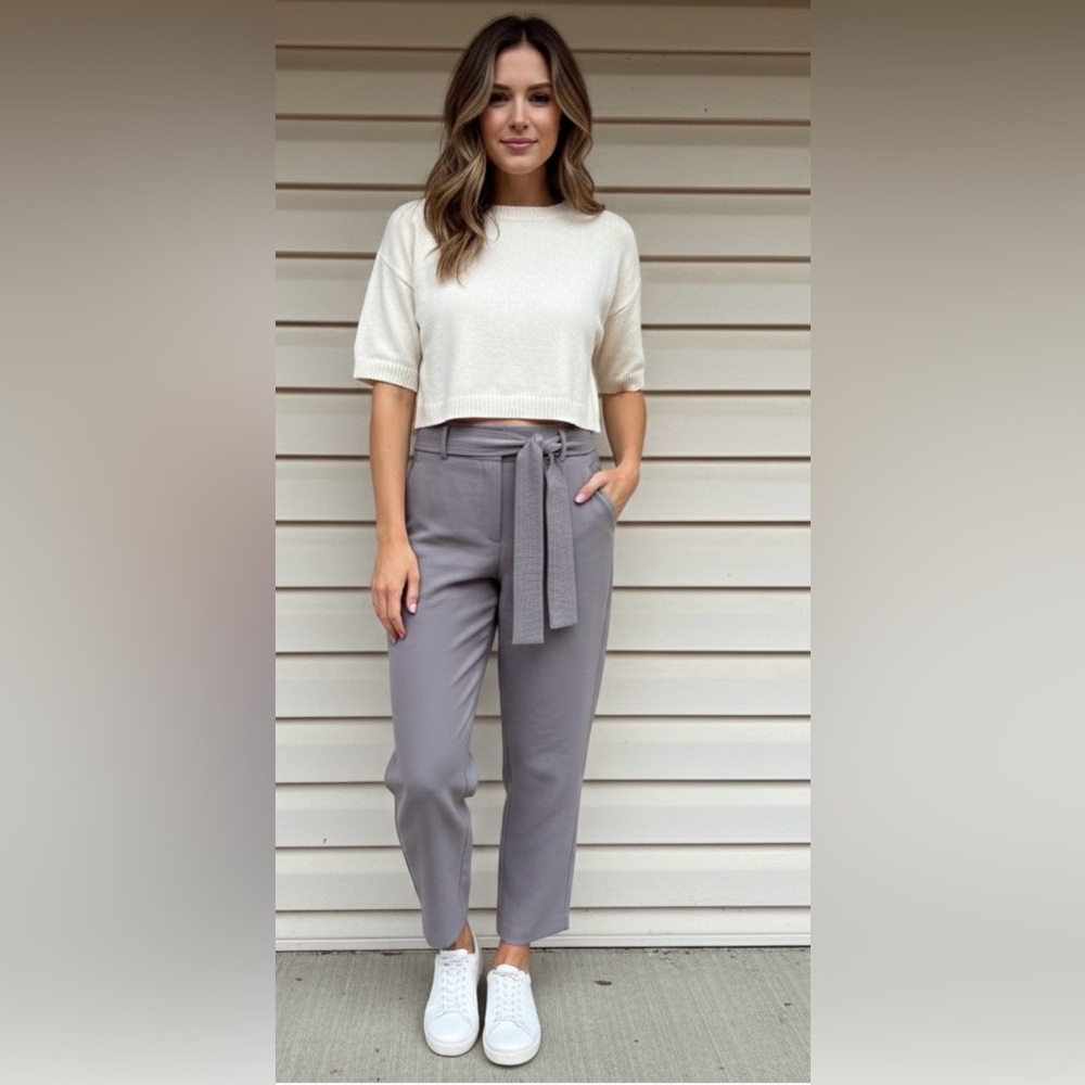 Aritzia Wilfred light beige pants, high waisted, belt, zipper, straight leg, 0